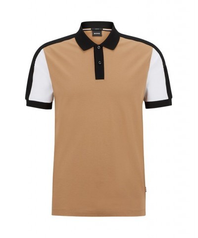 BOSS Men's Colour-Blocked Slim-Fit Polo Shirt in Mercerised Cotton Tan/Beige $53.72 Polo Shirts