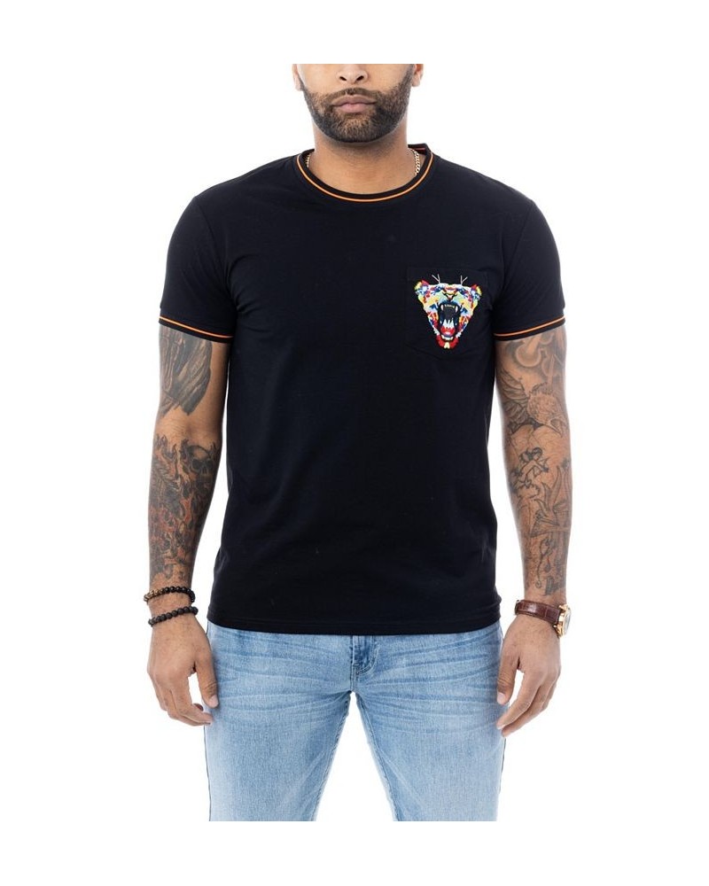 Men's Lion Embroidered Pocket Crewneck T-shirt Black $20.80 T-Shirts