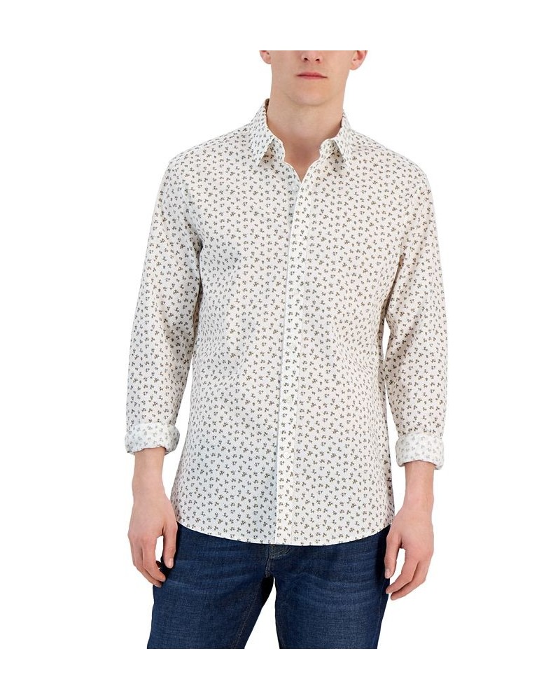 Men's Slim-Fit Stretch Small Field Print Long-Sleeve Button-Up Shirt Yellow $33.04 Shirts