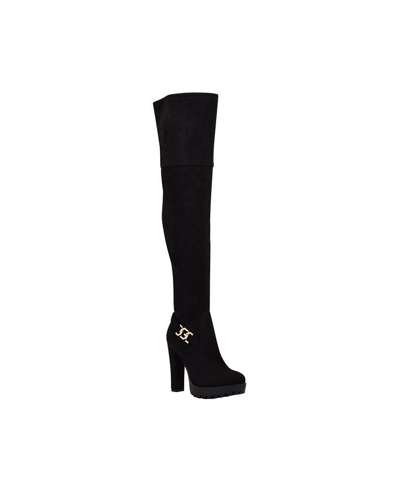 Women's Tailia Lug Platform Over The Knee Boots Black $26.46 Shoes