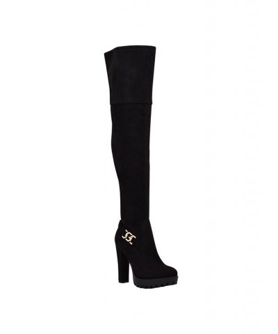 Women's Tailia Lug Platform Over The Knee Boots Black $26.46 Shoes