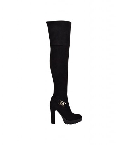 Women's Tailia Lug Platform Over The Knee Boots Black $26.46 Shoes