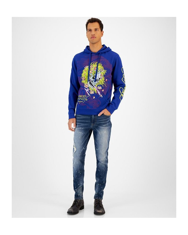 Men's Lightning Skull Graphic Pullover Hoodie Blue $26.41 Sweatshirt