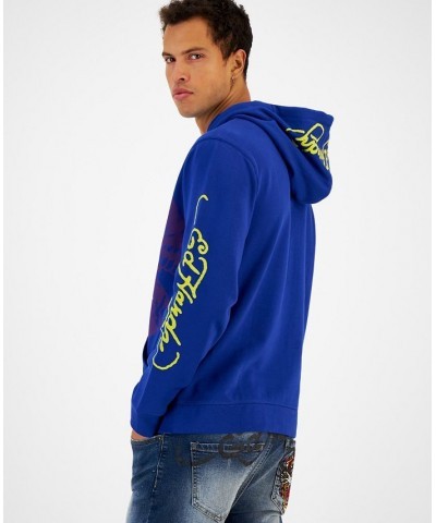 Men's Lightning Skull Graphic Pullover Hoodie Blue $26.41 Sweatshirt