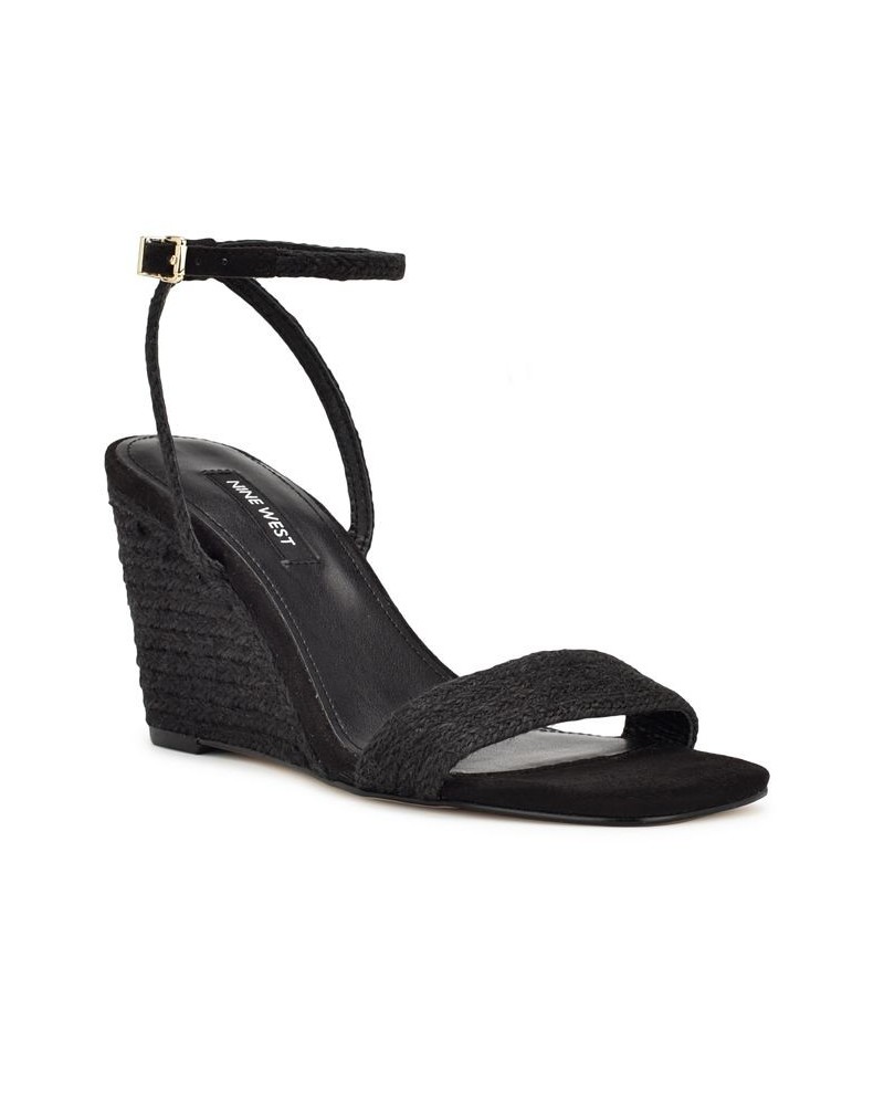 Women's Nile Square Toe Ankle Strap Wedge Sandals Black $35.70 Shoes