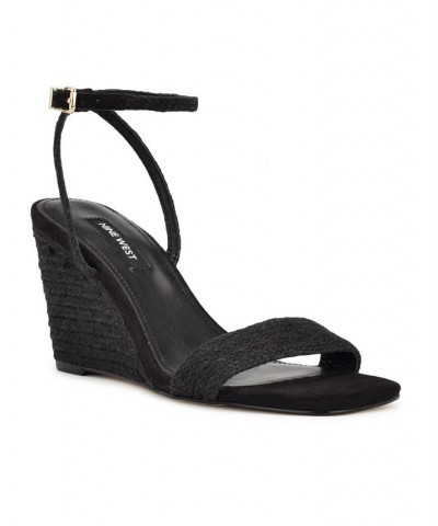 Women's Nile Square Toe Ankle Strap Wedge Sandals Black $35.70 Shoes