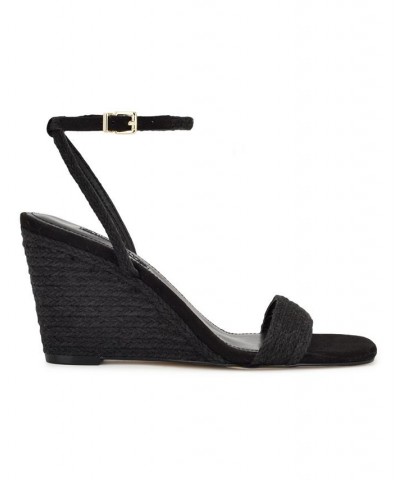 Women's Nile Square Toe Ankle Strap Wedge Sandals Black $35.70 Shoes