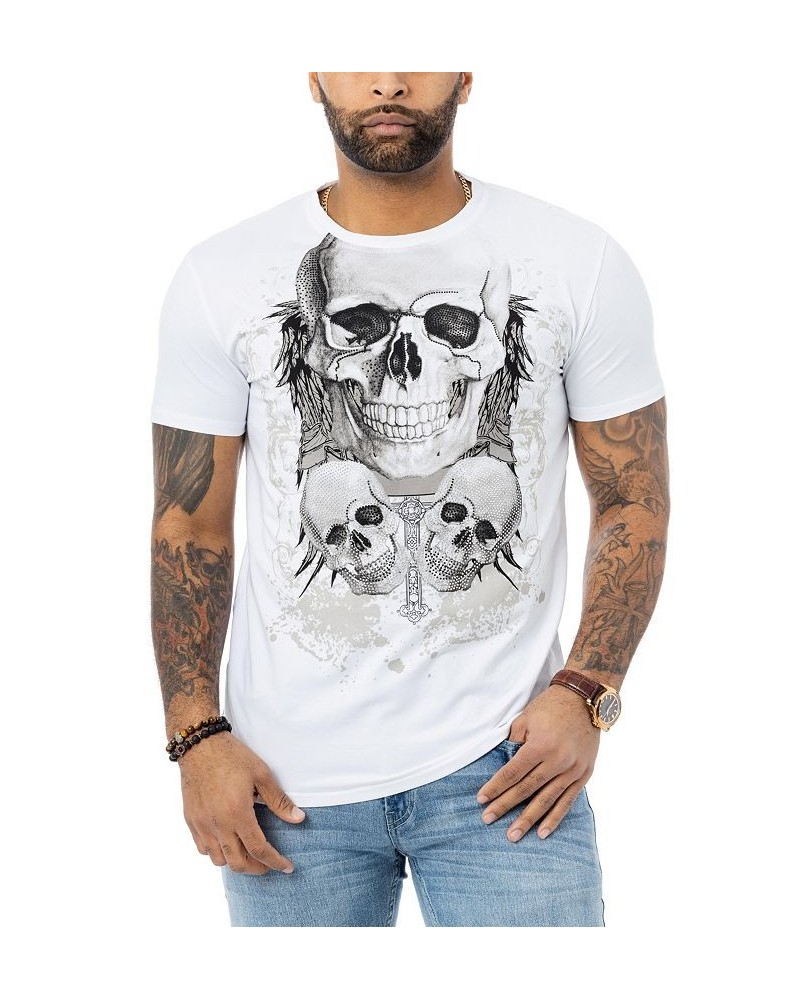 Men's Three Skulls Rhinestone T-shirt White $21.60 T-Shirts