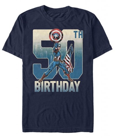 Men's Marvel Captain America 50th Birthday Short Sleeve T-Shirt Blue $15.75 T-Shirts