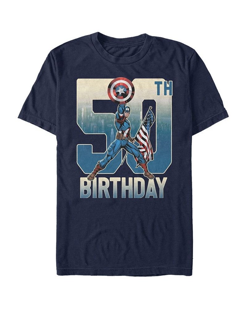 Men's Marvel Captain America 50th Birthday Short Sleeve T-Shirt Blue $15.75 T-Shirts