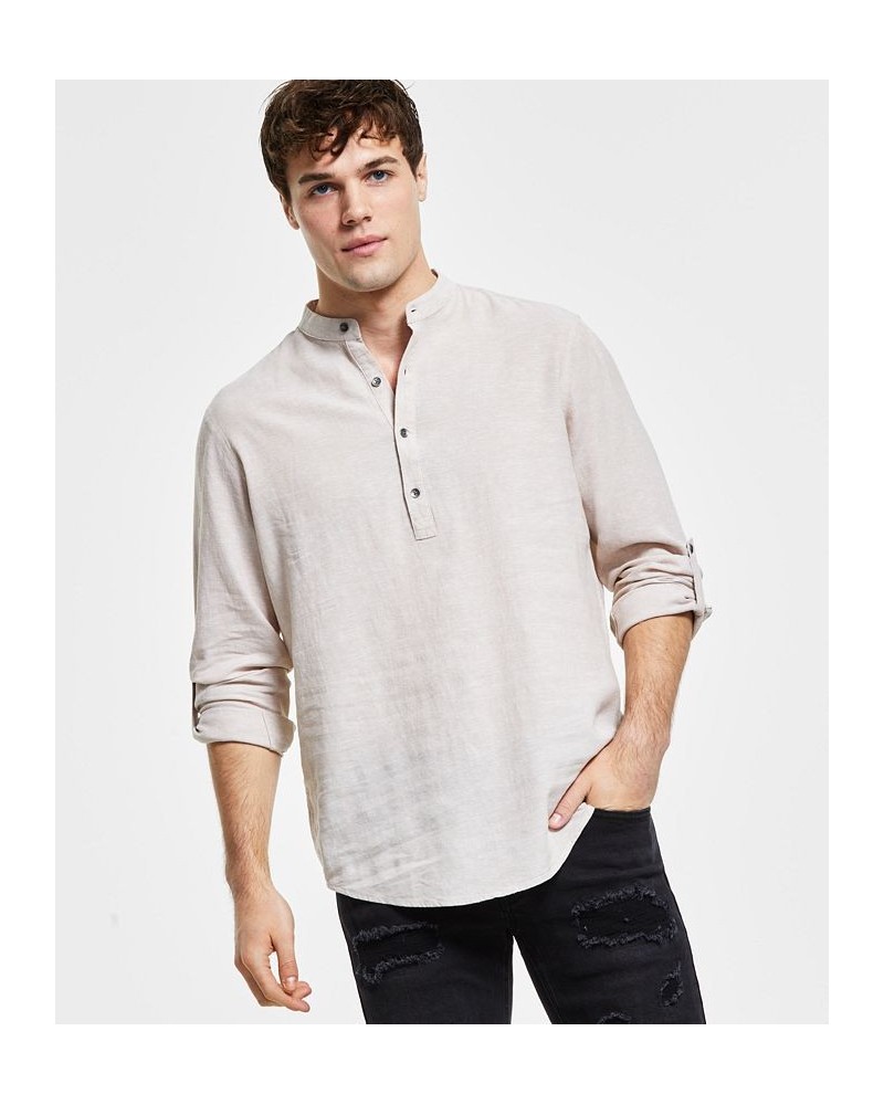 Men's Regular-Fit Linen Popover Shirt Tan/Beige $20.40 Shirts