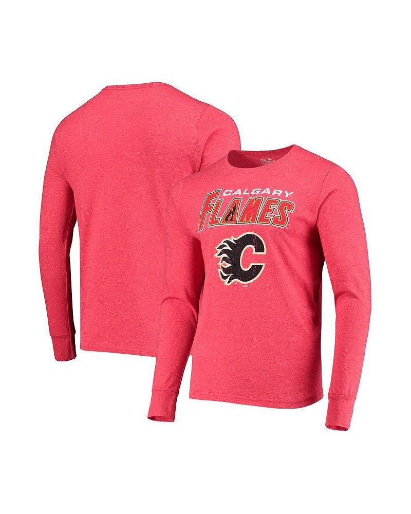 Men's Threads Heathered Red Calgary Flames Wordmark Logo Tri-Blend Long Sleeve T-shirt $15.58 T-Shirts