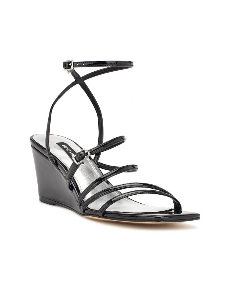 Women's Keamer Square Toe Strappy Wedge Dress Sandals Black $53.46 Shoes