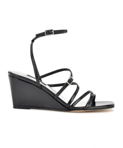 Women's Keamer Square Toe Strappy Wedge Dress Sandals Black $53.46 Shoes