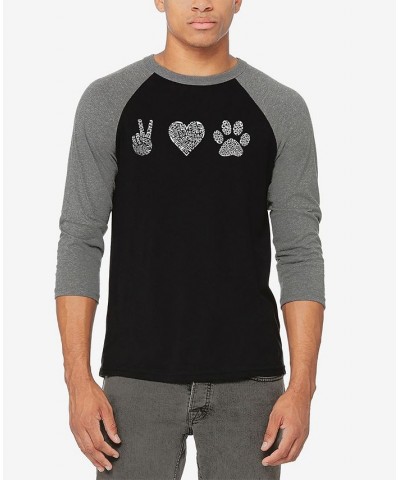 Men's Raglan Baseball 3/4 Sleeve Peace Love Dogs Word Art T-shirt Gray, Black $22.05 T-Shirts