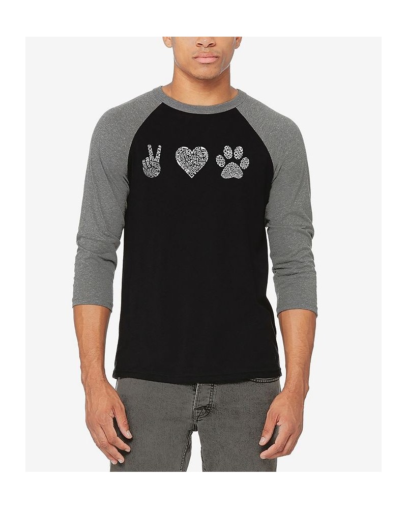 Men's Raglan Baseball 3/4 Sleeve Peace Love Dogs Word Art T-shirt Gray, Black $22.05 T-Shirts